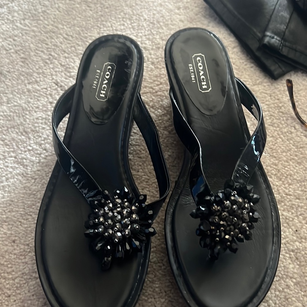 Coach platform flip flop Sandals in black with beaded embellishments